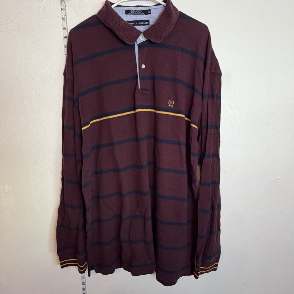 Tommy Hilfiger Long Sleeve Striped Polo Shirt Men’s XXL Maroon Yellow Navy
